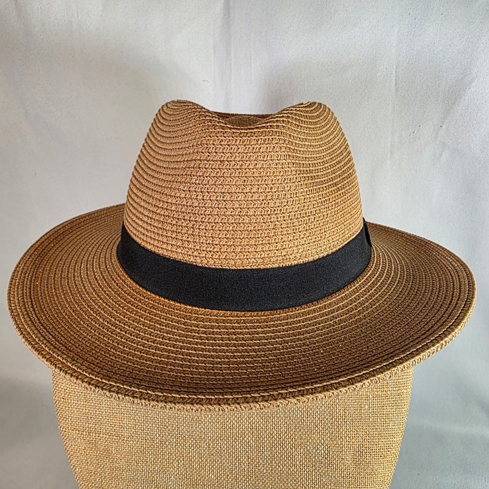 Solar Escape Tan Women's Fedora Straw Sun Hat Black Ribbon Band Boho Adjustable - Picture 4 of 8